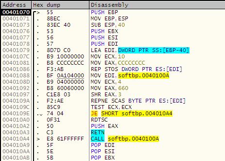 러브레이크포인트를걸고메인함수를따라이동해보겠다. 메인함수에서는특정위치에 0xCC 가있는지확인을할것이다. 그런데 0xCC 는어디에도보이지않는 다. 이것은 code permutation 이라는기법이적용되어있는것인데다음코드를보도록하자. ECX 에조사할바이트를설정한다. 그리고 EAX 에 0x660 을넣는다.
