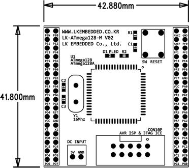 Dimension( 제품외관 ) AVR 모듈핀배치 [ 그림. LK-ATmega128 트레이닝보드외형치수 ] [ 그림.