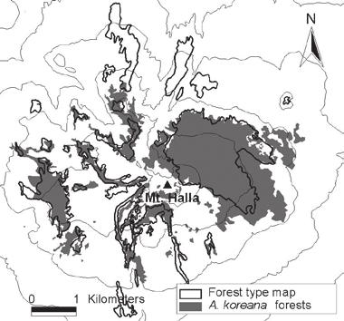 구상나무임상이미포함되어있는등현재현지조사에서파악된구상나무림의경계와면적과는상당한차이를보였음 ( 그림 5-5) 또한환경부의현존식생도 ) 는 1997년부터