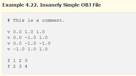 혹이책을보시고 Obj 포맷파싱을책과같이하면되겠구나오해하시면안되며, Example 4.23 과같이 f(face) 값같이숫자사이에 '/' 으로구분자를인식하게금만드셔야합니다. 3ds Max 나 Blender 로만든 Obj 파일은 Example 4.