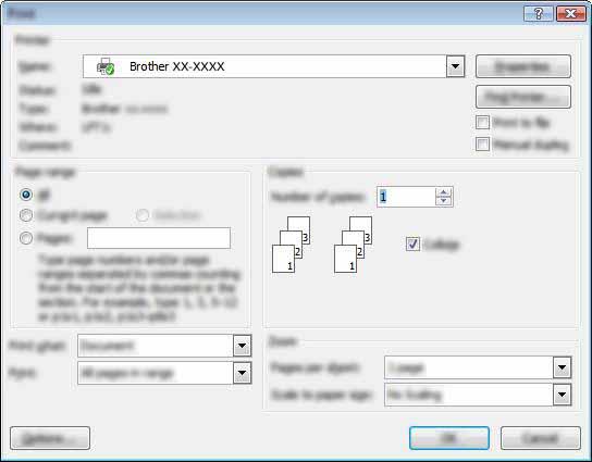 프린터드라이버사용하여다른응용프로그램에서인쇄하는방법 다른응용프로그램에서인쇄 4 본설명서에서는 Microsoft Word 2007 버전의이미지를사용합니다. 다음설명및절차는 Windows 7 에대한설명으로, 컴퓨터운영체제에따라다를수있습니다. 스크린샷에서 XX-XXXX 는 P-touch 모델번호를나타냅니다. 1 및 [ 인쇄 ] 를클릭합니다.