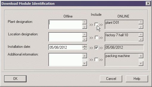 2. 시운전 2.5.2 Step 7 을이용해버스노드에식별특징로드 1. 하드웨어구성에서버스노드를선택하십시오. 2. 메뉴 [PLC] 의 [Download Module Identification...] 를클릭하십시오. 해당대화상자가나타납니다 (Fig. 2/8 참조 ). 3. 식별특징을 Offline 하단의데이터필드에입력하십시오 ( 예는 Fig.
