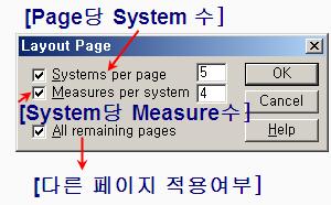 (4) Score/Page Dimensions( 편집페이지의여백설정) (5) Increase systems on page 다음페이지의 System( 모음보표) 을현재의페이지( 커서가위치한)