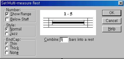 (13) Measures/Multi-Measure Rests : 파트악보에서여러마디를쉴때이명령을이용하 여쉬는여러마디를 1마디로집약시켜나타내는명령이다.