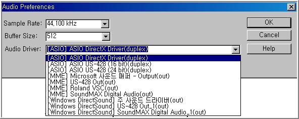[[Set Folder] 메뉴를선택하면 [Audio Preference] Pop Up창이열리는데 VST에서사용할 Audio Device 를설정함 현재선택된 ASIO" Driver 역시 Steinberg사에서개발한 Audio Driver인데어떤 Plug In들은 Sound Card에서이 ASIO Driver가지원되지않으면해당 VSTi