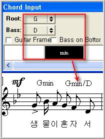 (6) Chord Window[ + + ] : [ File/Edit Library/Cords Symbol] 에서편집하여저장해 둔코드이름을불러와입력하는창이다.