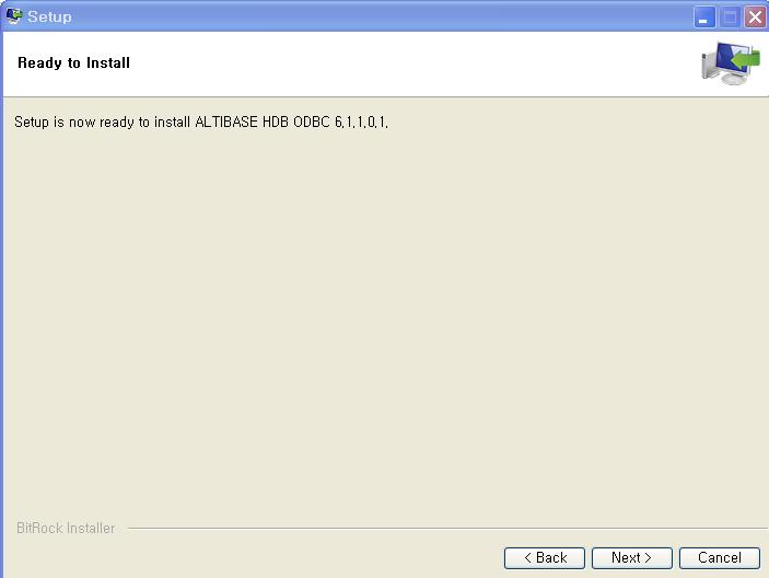 ODBC 드라이버설치 다음창에서 'Next' 를누르면 ALTIBASE HDB ODBC 설치가시작된다. 먼저 ALTIBASE HDB ODBC 드라이버파일인 altiodbc.dll 과언인스톨러실행파일이사용자가지정한설치경로에놓여지게된다. 레지스트리에등록 다음으로 ALTIBASE HDB ODBC 설치정보가레지스트리에등록된다.