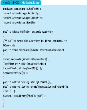14.3 NDK 기초실습 19 [ 실습 14-4] hellojni 애플리케이션 (4) HelloJni.java 파일을작성한다. NDK 에서빌드된라이브러리는안드로이드프로그램에서바로사용할수없다. (3) 에서확인한 libhello-jni.