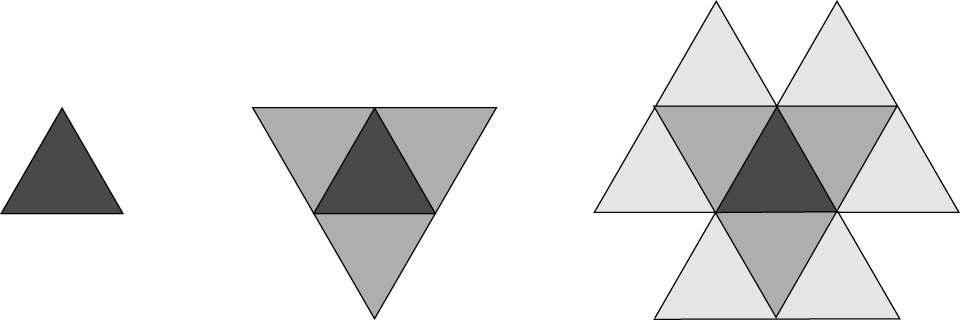 16. 그림과같이넓이가 인정삼각형모양의타일을다음과같은규칙으로붙인다. [ 단계] : 정삼각형모양의타일을한개붙인다. [ 단계 ] : 단계에서붙여진타일의바깥쪽테두리의각변에정삼각형모양의타일을 붙인다. 이와같이 단계를시행했을때, 타일로덮인부분의전체의넓이를구하시오. [ 점] (08. 7. 교육청) 단계 단계 단계 17.