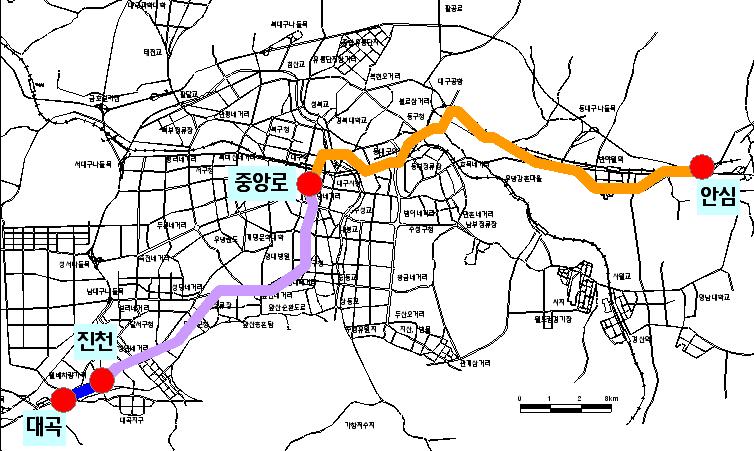 제 2 장지하철 2 호선개통에따른교통체계변화와정책과제 나. 대구지하철 1 호선운영현황및평가 (1) 노선운영현황대구지하철 1호선은 1991년 12월에착공되어 1997년 11월에진천 ~ 중앙로구간약 10.3km가부분개통되었고, 이듬해인 1998년 5월에중앙로 ~ 안심간개통과함께 24.9km 29개역으로완전개통되었다.