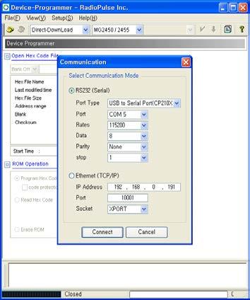 Connect 버튼을클릭하기전, USB 동글의 ISP 스위치를누른상태에서, RST 스위치를누릅니다. ( 해당파일이없는경우, 세미랩홈페이지 (http://www.semilab.co.kr/zigbee) 에서다운받아설치합니다.) 1 연결버튼을클릭합니다.