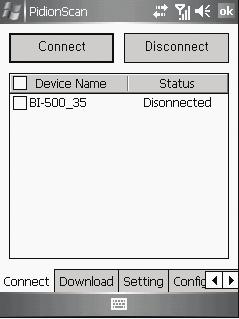 프로그램사용하기 1. Connect Connect/Disconnect 를통하여단말기와 PC/PDA 의데이터통신를연결, 해지할수있습니다. Connect : 리스트에서체크된장치와연결합니다. Disconnect : 연결된장치중리스트에서체크된장치와의연결을해제합니다.