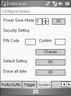 프로그램사용하기 System 단말기의절전모드, 비밀번호등을변경합니다. Power Save Mode : 전원절약을위하여절전모드를설정합니다. 설정한시간 ( 분 ) 동안단말기를사용하지않으면단말기는절전모드로변경됩니다. Security Setting : 비밀번호를설정합니다. - 비밀번호는숫자로 4자리만가능합니다.