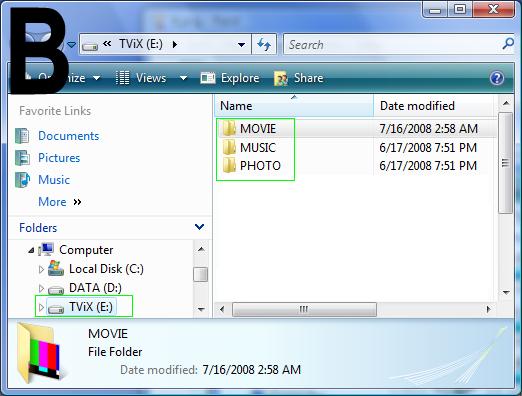 컴퓨터모니터상에서내컴퓨터를클릭하면 A와같은그림이나타납니다. A에서 TVIX(E:) 가새로생성된것을볼수있습니다. HDD의이름은 TVIX(E:) 가아닌, 사용자가 HDD 포맷시지정한이름으로나타납니다.