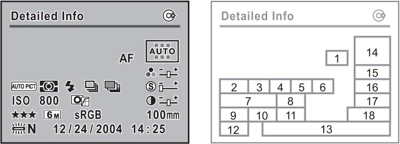 날짜와시간 촬영모드시아이콘 ( 영문 p17) 촬영모드에서 INFO 버튼을누르면 LCD 모니터에 15 초간촬영기능설정이나타납니다. 1. 초점모드 2.