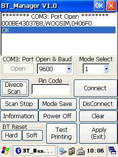 그림 2. Step-1 COM3,9600,Mode:1 Open Click 그림 3. Step-2 주변장치검색 주변의 Bluetooth SSP 장비를찾는다. 검색된 SPP 장비들이화면에 Display 된다.