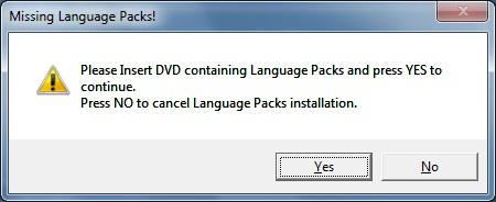 9. Windows 7 시스템에서복구중이면메시지가뜰때언어팩설치를위한 " 디스크 (Disk) 2" 를삽입합니다. 그후, " 예 (Yes)" 를눌러언어팩설치를계속합니다.
