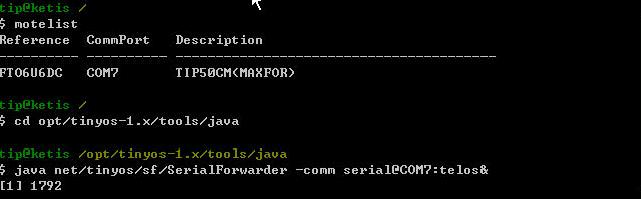d 이제 PC쪽의 Application을살펴보자. 먼저 SerialForwarder라는프로그램을실행시킨다. SerialForwarder는 COM port로받은데이터를 IP로전달해주는역할과서버역할을한다. java 디렉터리로이동 ($>cd /opt/tinyos-1.