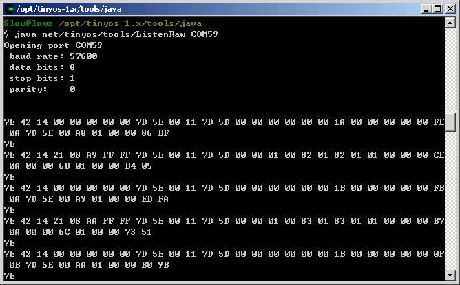 c ListenRaw Node가 PC에연결되어데이터를넘겨주고있다는가정하에 cygwin창을하나열어서 java 디렉터리로이동 ($>cd /opt/tinyos-1.