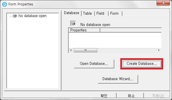 Create Database 미리준비해둔 Database 파일이있다면 Open 을, 새로생성하는경우에는