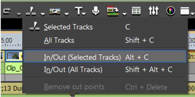 다른방법으로는선택된트랙상의타임라인커서위치에서만클립을분할하려면다음중하나를실행한다.: Add Cut Point (Selected Tracks) 버튼에서목록버튼 [ ] 을클릭하고메뉴에서 Selected Track 을선택한다. 분할할클립에서오른클릭을하고메뉴에서 Add Cut Point>Selected Track 을선택한다.
