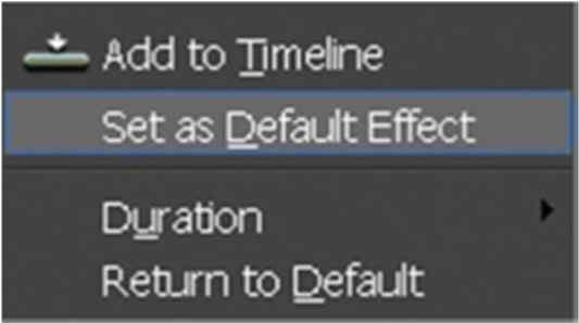 Effects palette 에서기본트랜지션을설정하기 기본장면전환을설정하기위해서는, Effect palette 에서선택한장면전환효과에오른클릭을하여 Set as Default effect 를선택합니다.
