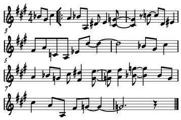 기타리스트 Jim Hall 의음악분석 : Careful 과 Waltz New 를중심으로 Blues 에서멜로디의또다른특징은네마디안에서응창 (call-and-response) 형식으로자주나타난다는것이다 [10]. 일반적으로첫째, 둘째마디에서부르고셋째, 넷째마디에서응답하는방법으로진행된다. Careful 도이러한전통적인방법으로멜로디를만들었음을알수있다.