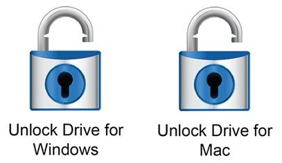2. Unlock Drive for Windows(Windows용드라이브잠금해제 ) 또는 Unlock Drive for Mac(Mac용드라이 브잠금해제 ) 을클릭합니다. macos 10.13 이상 - 드라이버를설치해야합니다. 메시지가표시되면 Finder를사용하여드라이브를빼낸후컴퓨터에서케이블을분리합니다.