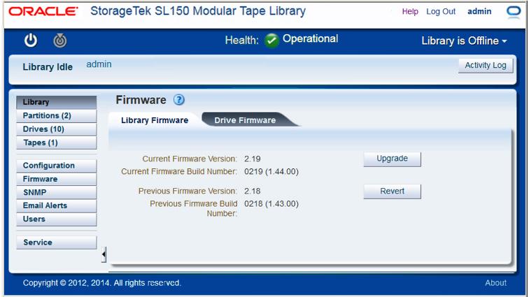 라이브러리와 드라이브 펌웨어 확인 및 업데이트 Drive Firmware 섹션의 테이블에는 설치된 드라이브가 한 행에 하나씩 나열됩니다.