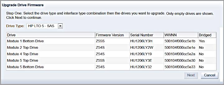 라이브러리와 드라이브 펌웨어 확인 및 업데이트 8. 테이블 항목을 눌러 업데이트할 드라이브를 선택합니다. Shift 키를 누른 상태로 드라이 브를 여러 개 선택할 수 있습니다. Next를 누릅니다. 9.