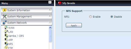 다음은각항목에대한설명입니다. NFS 서버설정항목설명 NFS NFS 지원을 Enable ( 사용 ) 또는 Disable ( 사용안함 ) 로설정합니다. Apply ( 적용 ) Apply ( 적용 ) 를클릭하면변경사항이저장됩니다.