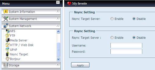 Nsync 대상 System Network ( 시스템네트워크 ) 메뉴에서 Nsync Target (Nsync 대상 ) 항목을선택하면 Nsync Setting (Nsync 설정 ) 화면이표시됩니다.