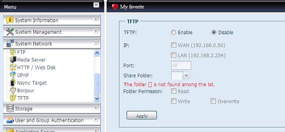 System Network( 시스템네트워크 ) 메뉴에서 TFTP 항목을선택하면 TFTP 화면이나타납니다. 이항목을변경하고 Apply( 적용 ) 을눌러서설정을확인할수있습니다. 각항목의설명은다음과같습니다.