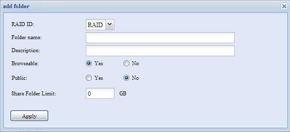 폴더추가항목설명 RAID ID 새폴더가상주할 RAID 볼륨 Folder Name ( 폴더이름 ) 폴더의이름을입력합니다. Description ( 설명 ) 폴더에대한설명을제공합니다. Browseable ( 탐색가능 ) 사용자의폴더내용탐색을사용되도록또는사용되지않도록설정합니다. Yes ( 예 ) 를선택하면공유폴더를탐색할수있게됩니다.