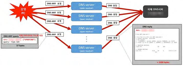ASEC REPORT 42 SECURITY TREND 22 악성코드동향 02. 보안이슈 주요정부기관 DNS 서버 DDoS 실제로 2만여개의다른 DNS 서버로특정도메인확인요청을일시에보내 1000 바이트이상의응답을유발해공격했다. [ 그림 2-3] 과같이 ripe.