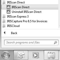 IRIScan Direct 사용하기 1. 포함된 USB 케이블을이용해서 Windows PC 에 IRIScan Book 을연결합니다. 2. 스캐너를켜기위해단추를 2 초간누르십시오. 다음아이콘이화면에표시되는지확인합니다 : 3. Windows 시작메뉴에서 IRIScan Direct 응용프로그램을시작합니다. 4.