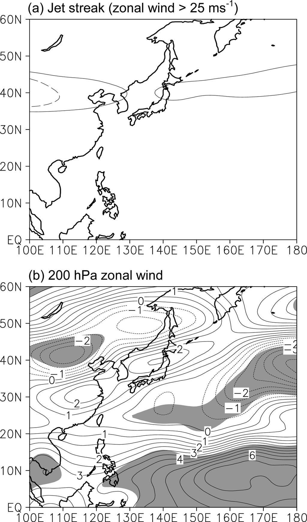한국 - 중국북부지역에서여름강수량의십년간변동 43 Fig. 9. Development extent of western North Pacific subtropical high (WNPSH) in 1998-2012 (solid line) and in 1981-1997 (dashed line) for JJA.