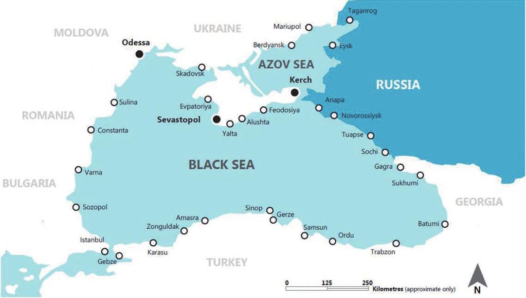 또한수심이상대적으로얕은연안에있는곡물수출항은 Rostov-on-Don 항, Kavkaz 항, Taganrog 항등이있고이항구들은대부분 Don 강과같이내륙과연결된강하구에위치하고있다.
