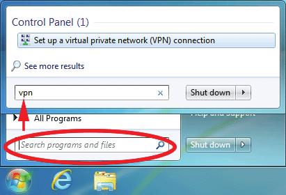 Windows 7 VPN 설치방법 시작버튼을누르고 VPN 을타이핑하면가상사설망