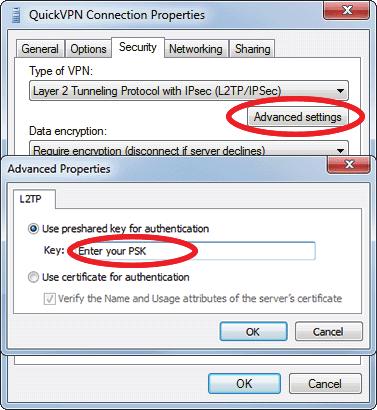 VPN 설치방법 ( 계속 ) 고급설정을클릭합니다. 여기서인증에미리공유한키사용에체크한후 PSK 키를입력합니다.