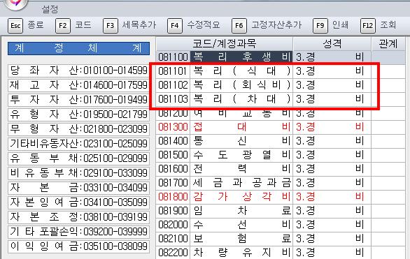 세무사랑입력하기 4) 계정과목및적요등록 식대, 회식비, 차대 ( 커피등 ) 를복리후생비계정에세목추가하여등록하시오.