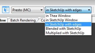 12. 상호작용 렌더링을 위한 창 선택 오버레이 옵션 상호작용 렌더링이 활성화된 경우, 드롭다운 목록을 사용해서 상호작용 렌더링을 Thea 윈도우에 표시할 것인지(오른쪽 참조) SketchUp에 오버레이로
