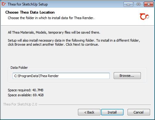 2. 설치 MS Windows www.thearender.com에서 다운로드하여 실행하십시오. Thea for SketchUp 설치 프로그램을 플러그인을 설치하는 동안 관리자 권한이 있어야 합니다.