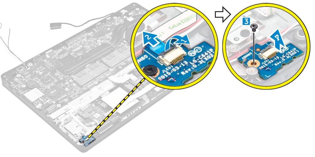 LED 보드설치 1. LED 보드를컴퓨터의슬롯에삽입합니다. 2. LED 보드를컴퓨터에고정시키는나사를조입니다. 3. LED 보드의커넥터에 LED 보드케이블을연결합니다. 4. 다음을설치합니다. a. 도크프레임 b. WWAN 카드 c. WLAN 카드 d. 하드드라이브조립품또는 M.2 SSD 또는 PCIe SSD e. 배터리 f. 베이스덮개 5.