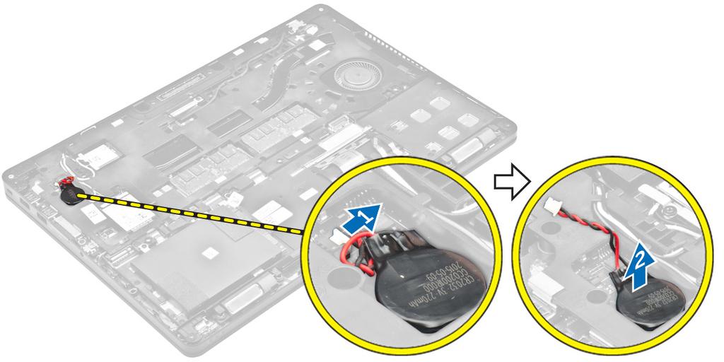 코인셀배터리장착 1. 시스템보드의슬롯에코인셀배터리를놓습니다. 2. 코인셀배터리케이블을시스템보드의커넥터에연결합니다. 3. 다음을설치합니다. a. 도크프레임 b. 하드드라이브조립품또는 M.2 SSD 또는 PCIe SSD c. 배터리 d. 베이스덮개 4. 컴퓨터내부작업을마친후에의절차를따릅니다. 스피커분리 1. 컴퓨터내부작업을시작하기전에의절차를따릅니다. 2. 다음을제거합니다.