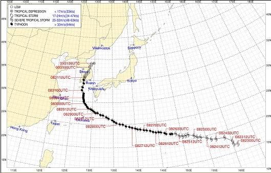 32 그림 27 태풍 루사 (RUSA) 의진로도 그림 28 태풍 루사 (RUSA) 의시간별한반도통과위치 표 12 시간별태풍중심위치및중심기압값 (2002. 8. 31 9.