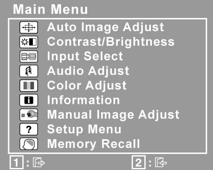 화면이미지를조정하려면다음과같이하십시오 : 1. 메인메뉴가나타나면,[1] 버튼을누르십시오. 참고 : 모든 OSD 메뉴와조정화면은약 15 초후에자동으로사라집니다.