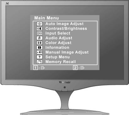 화면이미지조정하기 전면제어패널의버튼을사용하여화면에나타난 OSD 제어를화면에표시하고조정합니다. OSD 제어는다음페이지의상단에설명이있고, 11 페이지의 "Main Menu ( 메인메뉴 ) 제어 " 에정의되어있습니다. OSD 제어의 Main Menu ( 메인메뉴 ) 전면제어패널 ( 자세한내용은아래참조 ) 강조표시된제어에대한제어화면을표시합니다.