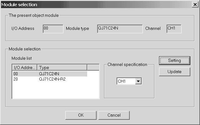 9 디버그지원기능 9.1 모듈선택 디버그할 Q 시리즈 C24 모듈을선택합니다. 여기서선택한모듈의회선트레이스ㆍ통신테스트ㆍ상태모니터를실행합니다. 1. [Debugging support function] [Module selection] 메뉴를클릭합니다. 2. 디버그할모듈의 I/O 어드레스ㆍ채널을선택하고 Setting 버튼을클릭합니다. 3.