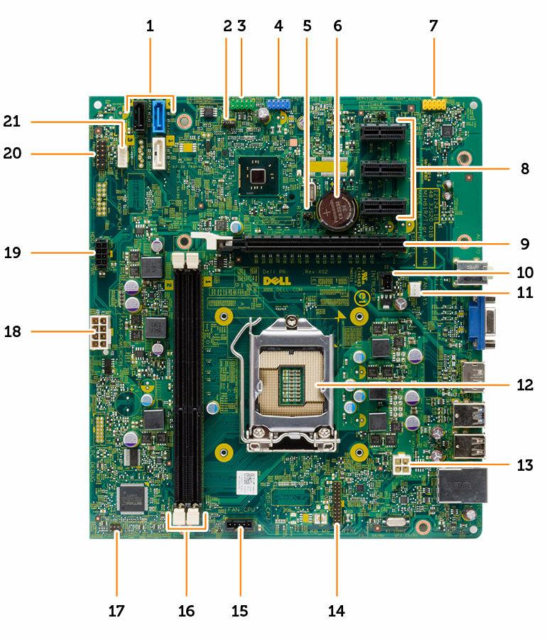 7. 컴퓨터내부작업을마친후에의절차를따르십시오. 시스템보드구성요소 다음그림은시스템보드레이아웃을나타냅니다. 1. SATA 커넥터 2. 암호재설정점퍼 3. 전면 USB 2.0 커넥터 4. 내부 USB 커넥터 5. RTCRST 재설정점프 6. 코인셀배터리 7. 전면오디오커넥터 8. PCI-ex1 커넥터 9.